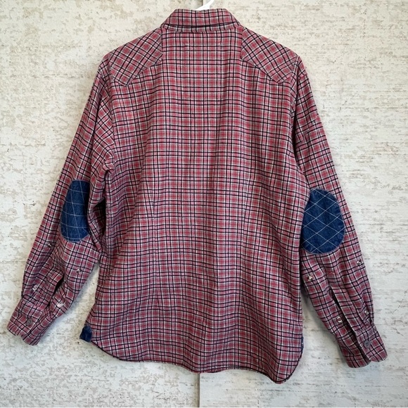 VTG Two Stoned Red Plaid Flannel Button Up Shirt Sz L Denim Elbow Patches Trim - Picture 8 of 15